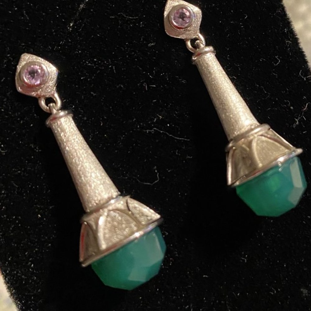 Silver and Green stone droplet earrings